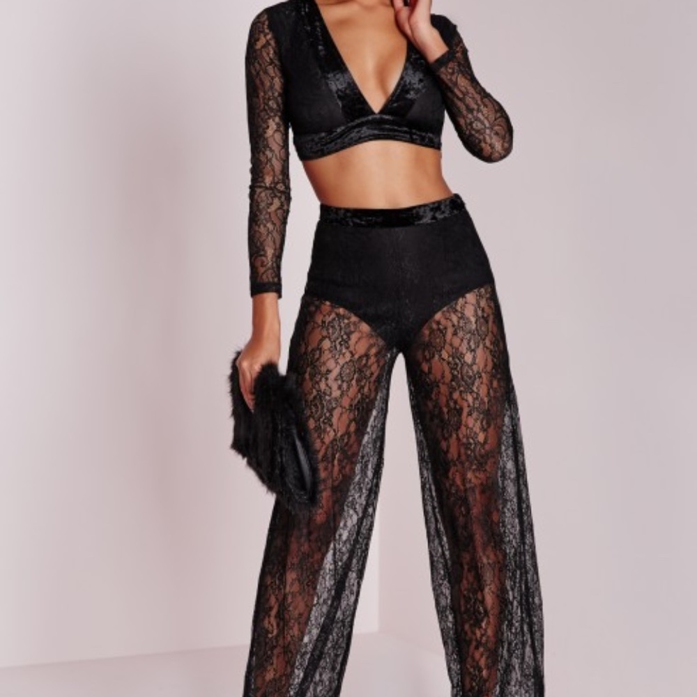 *SOLD* Missguided Black Lace Velvet Sheer Crop Top Pants